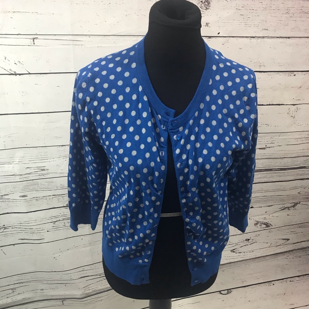 3/4 sleeve blue gray polkadot cardigan L